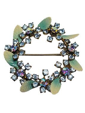 Austria Green Yellow Enamel Blue Rhinestone Open Round Wreath Brooch, Signed